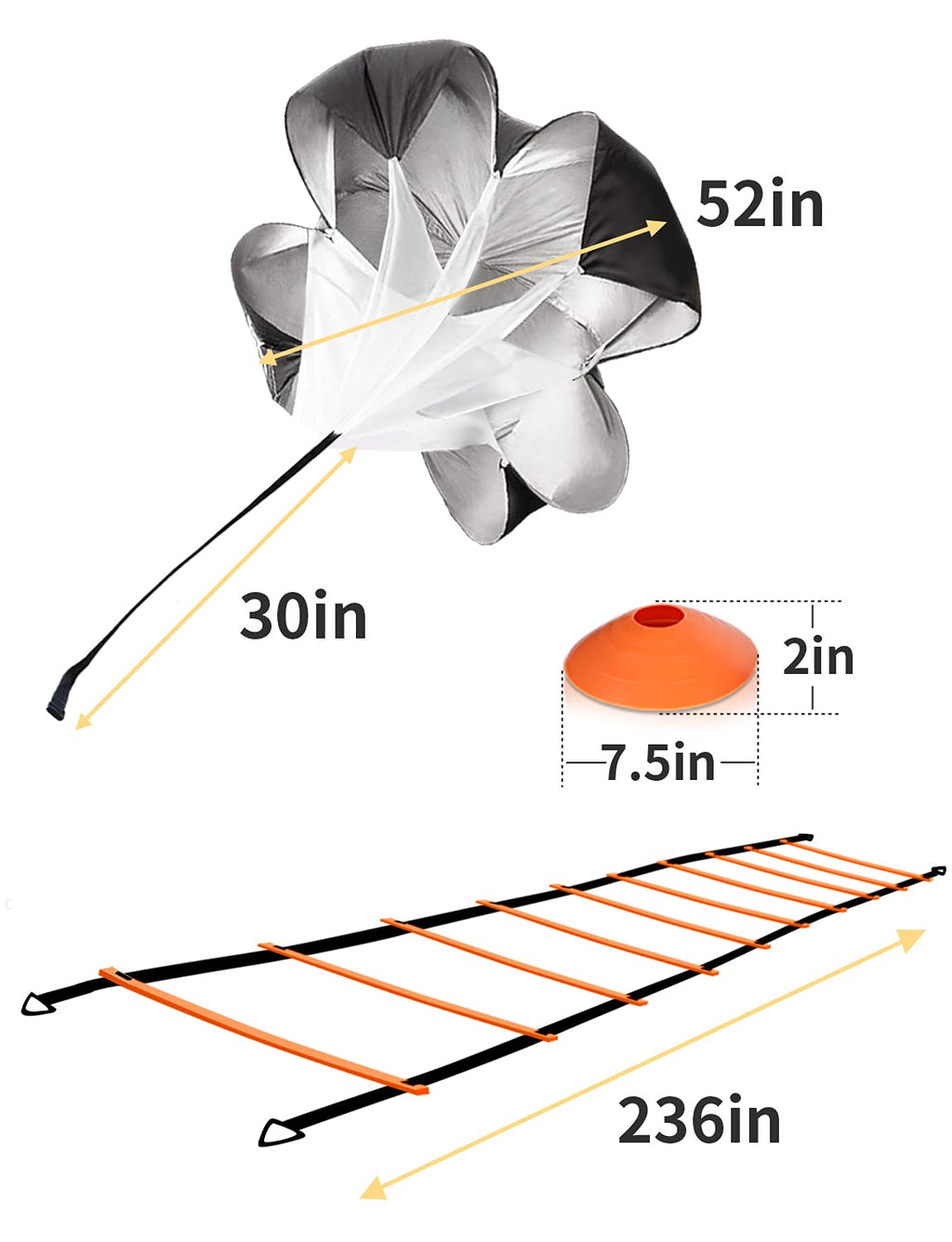 GHB Agility Ladder,Football Training Equipment Set,4 Agility Hurdles, 20 feet12 Rungs Speed Ladder,12 Disc Cones,Resistance Parachute, Jump Rope, 5 Resistance Bands