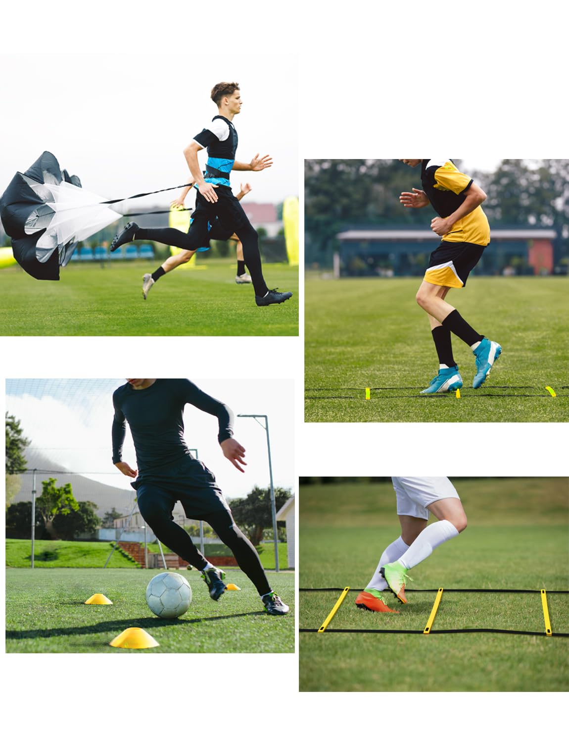 GHB Agility Ladder,Football Training Equipment Set,4 Agility Hurdles, 20 feet12 Rungs Speed Ladder,12 Disc Cones,Resistance Parachute, Jump Rope, 5 Resistance Bands