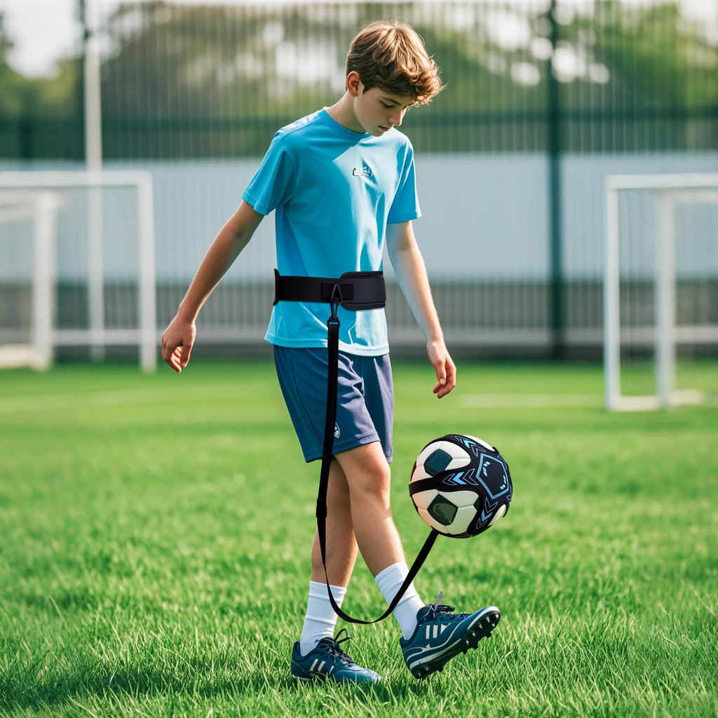 Soccer Training Equipment Football Kick Solo Trainer Adjustable Waist Belt Elastic Rope, Aids Hands Free Throw Sole Practice Fits Ball 3, 4, 5 and Volleyball Rugby (Blue)