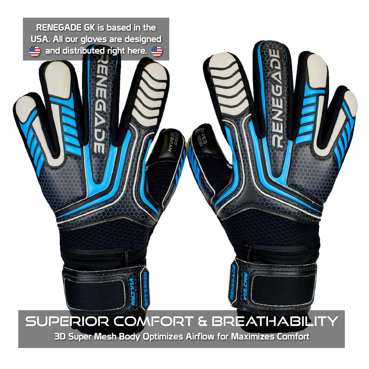 Renegade GK Vulcan Goalie Gloves - Adult, Youth, Kids (Sizes 6-11, 4 Styles, Level 3) Pro-Tek Fingersaves & 3.5+3MM Hyper Grip | Excellent Goalkeeper Glove for Higher Play | Based in The USA
