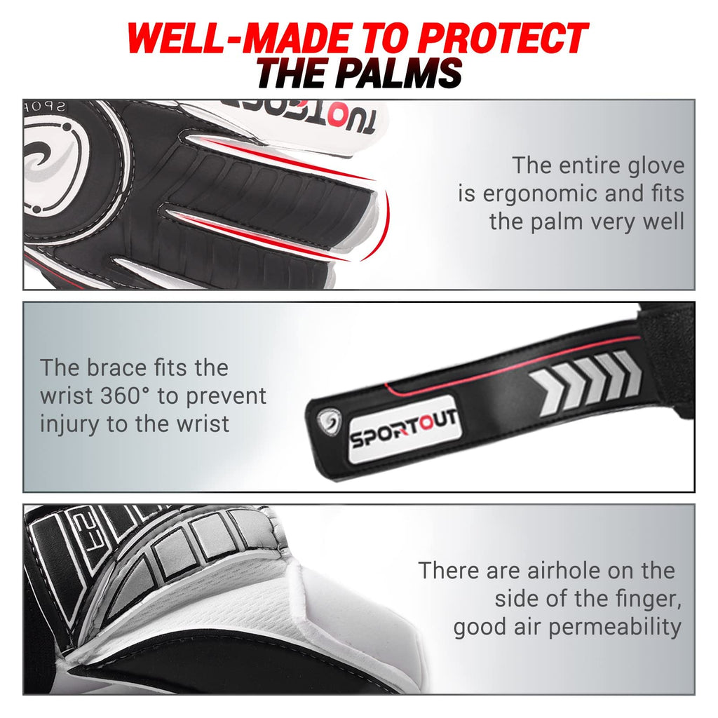 Sportout Goalkeeper Gloves with Fingersave, Breathable Soccer Goalie Gloves, 4mm Latex, for Kids, Youth and Adult