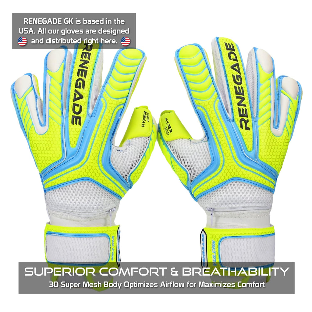 Renegade GK Vulcan Goalie Gloves - Adult, Youth, Kids (Sizes 6-11, 4 Styles, Level 3) Pro-Tek Fingersaves & 3.5+3MM Hyper Grip | Excellent Goalkeeper Glove for Higher Play | Based in The USA