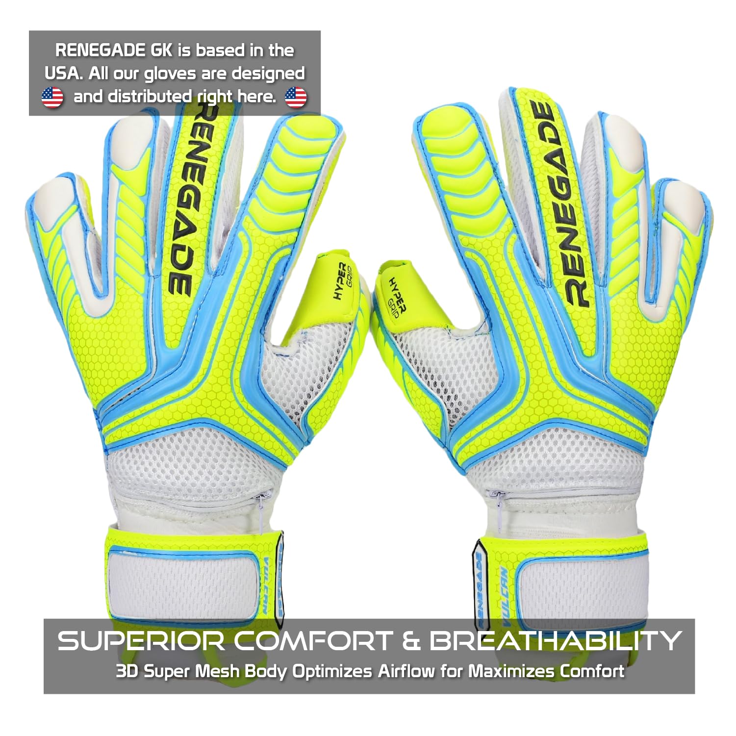 Renegade GK Vulcan Goalie Gloves - Adult, Youth, Kids (Sizes 6-11, 4 Styles, Level 3) Pro-Tek Fingersaves & 3.5+3MM Hyper Grip | Excellent Goalkeeper Glove for Higher Play | Based in The USA