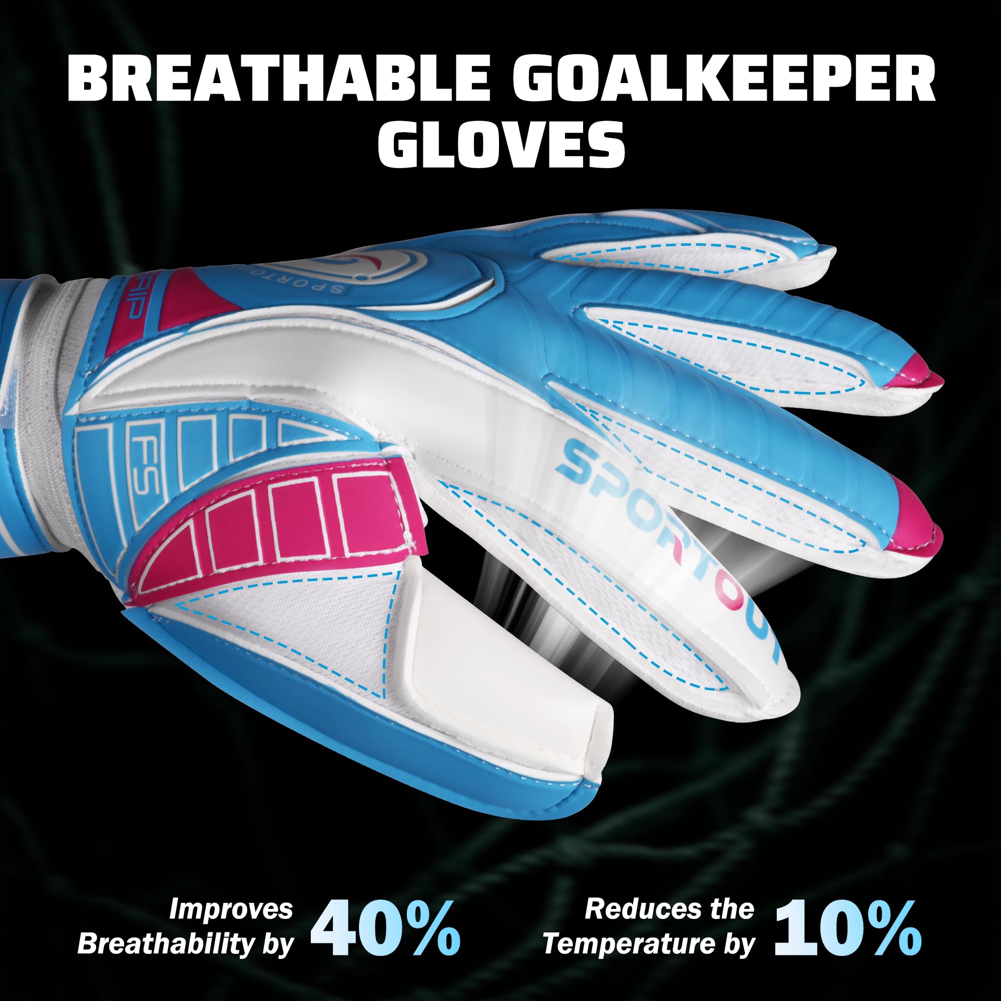 Sportout Goalkeeper Gloves with Fingersave, Breathable Soccer Goalie Gloves, 4mm Latex, for Kids, Youth and Adult