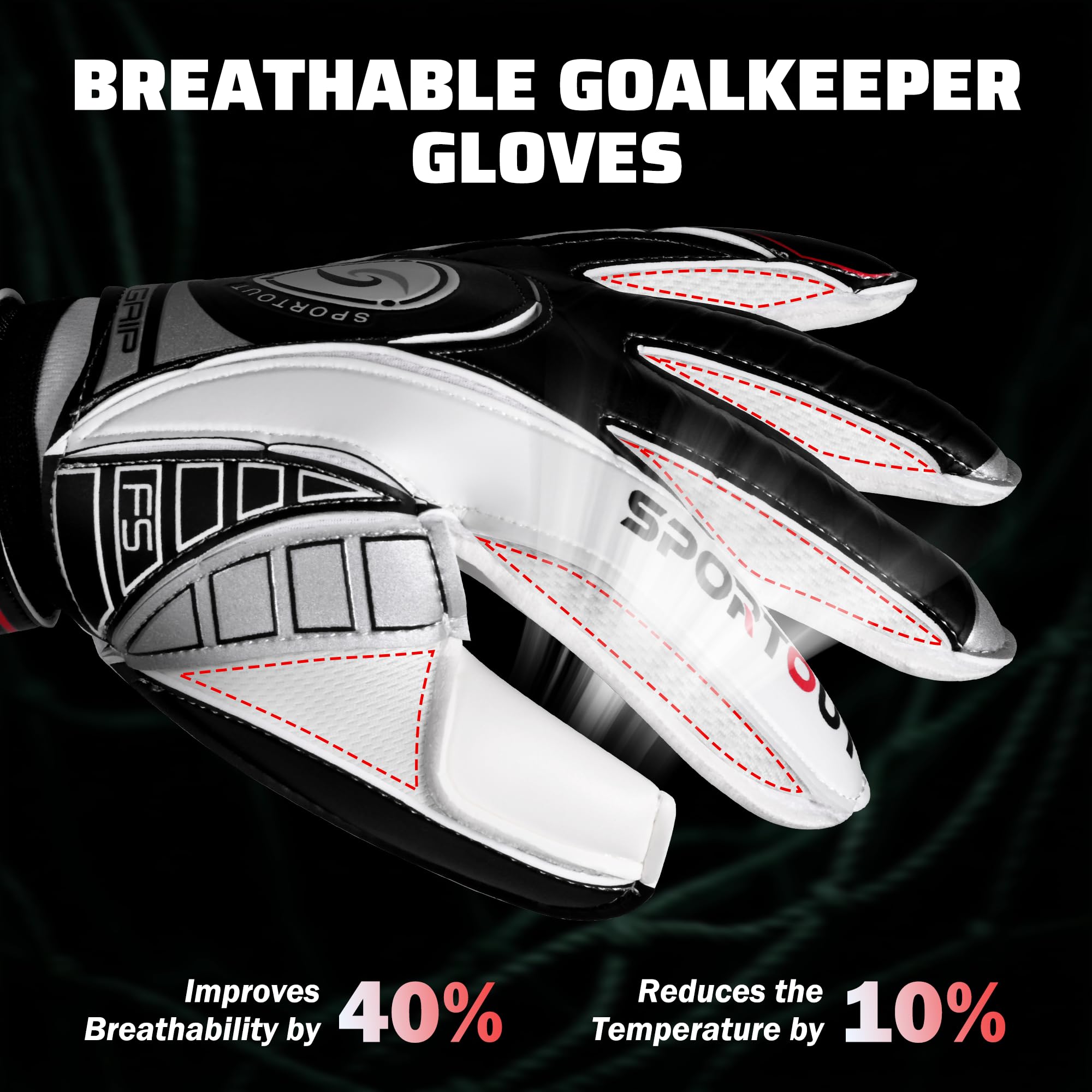 Sportout Goalkeeper Gloves with Fingersave, Breathable Soccer Goalie Gloves, 4mm Latex, for Kids, Youth and Adult