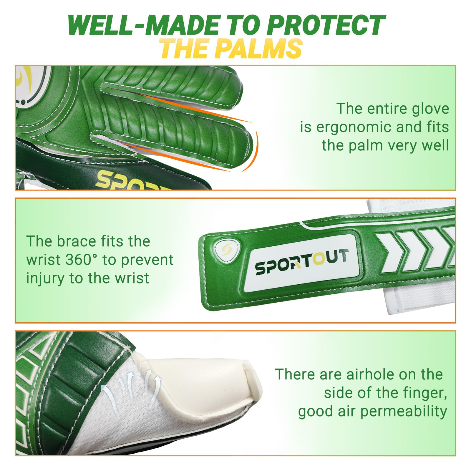 Sportout Goalkeeper Gloves with Fingersave, Breathable Soccer Goalie Gloves, 4mm Latex, for Kids, Youth and Adult