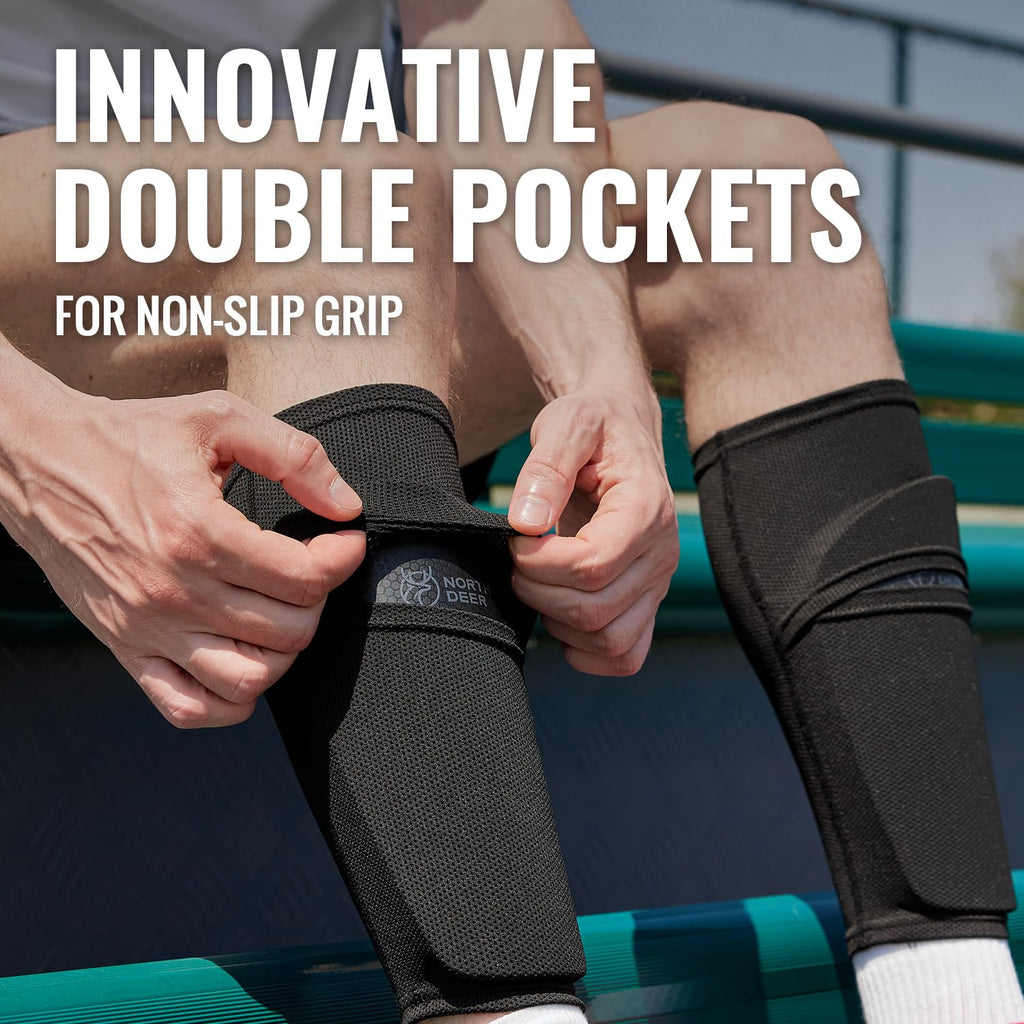 Northdeer Soccer Shin Guards for Kids Adults. Sleeves with Optimized Insert Pocket - Protective Soccer for Boys Girls Men