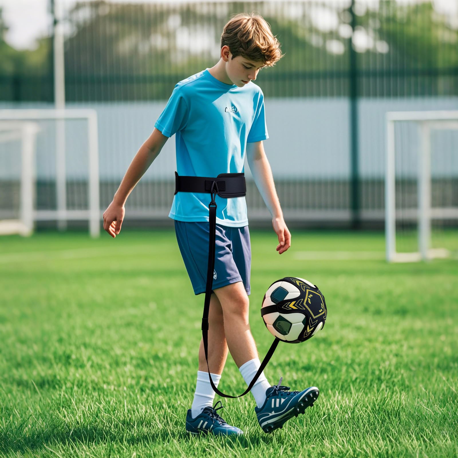 Soccer Training Equipment Football Kick Solo Trainer Adjustable Waist Belt Elastic Rope, Aids Hands Free Throw Sole Practice Fits Ball 3, 4, 5 and Volleyball Rugby (Blue)