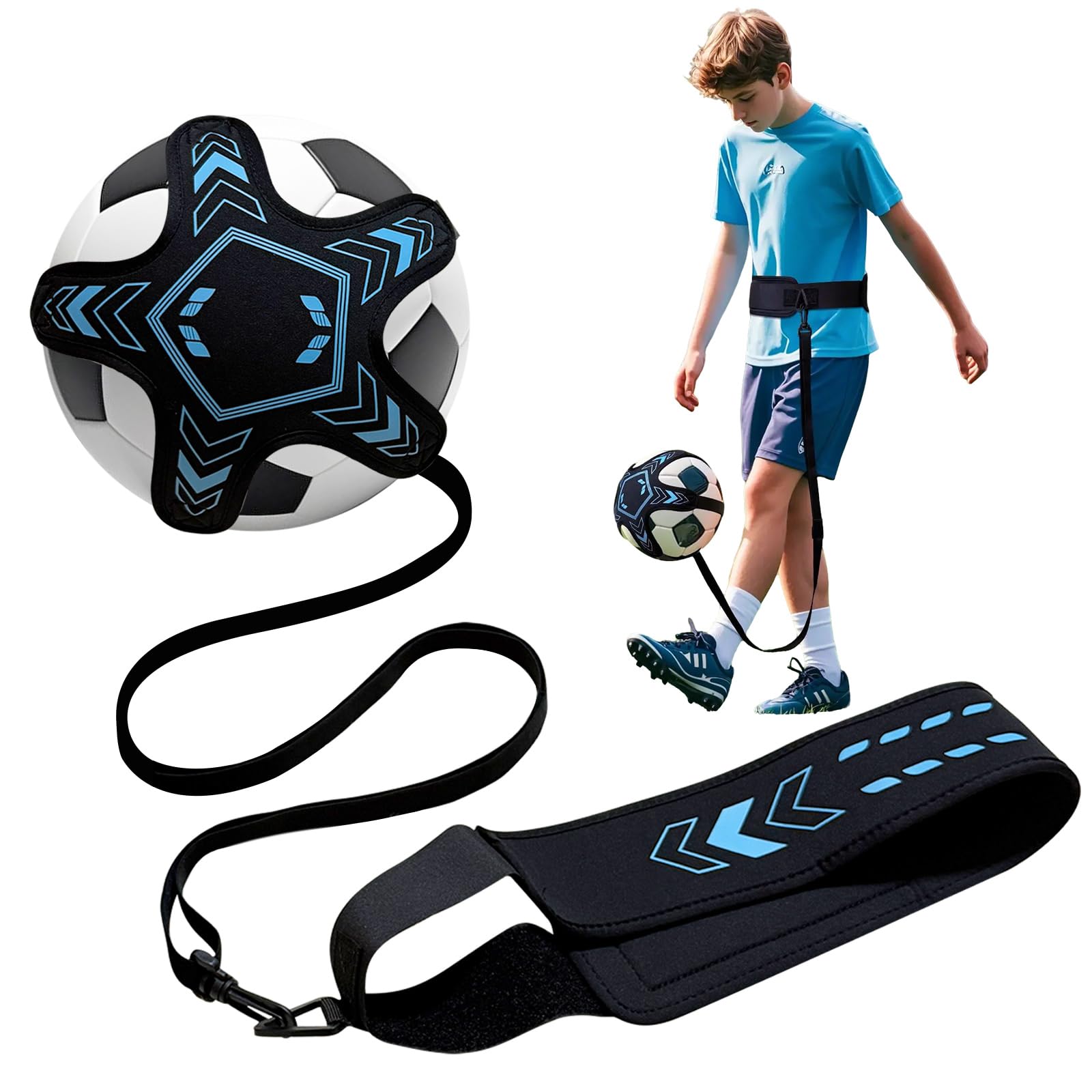 Soccer Training Equipment Football Kick Solo Trainer Adjustable Waist Belt Elastic Rope, Aids Hands Free Throw Sole Practice Fits Ball 3, 4, 5 and Volleyball Rugby (Blue)