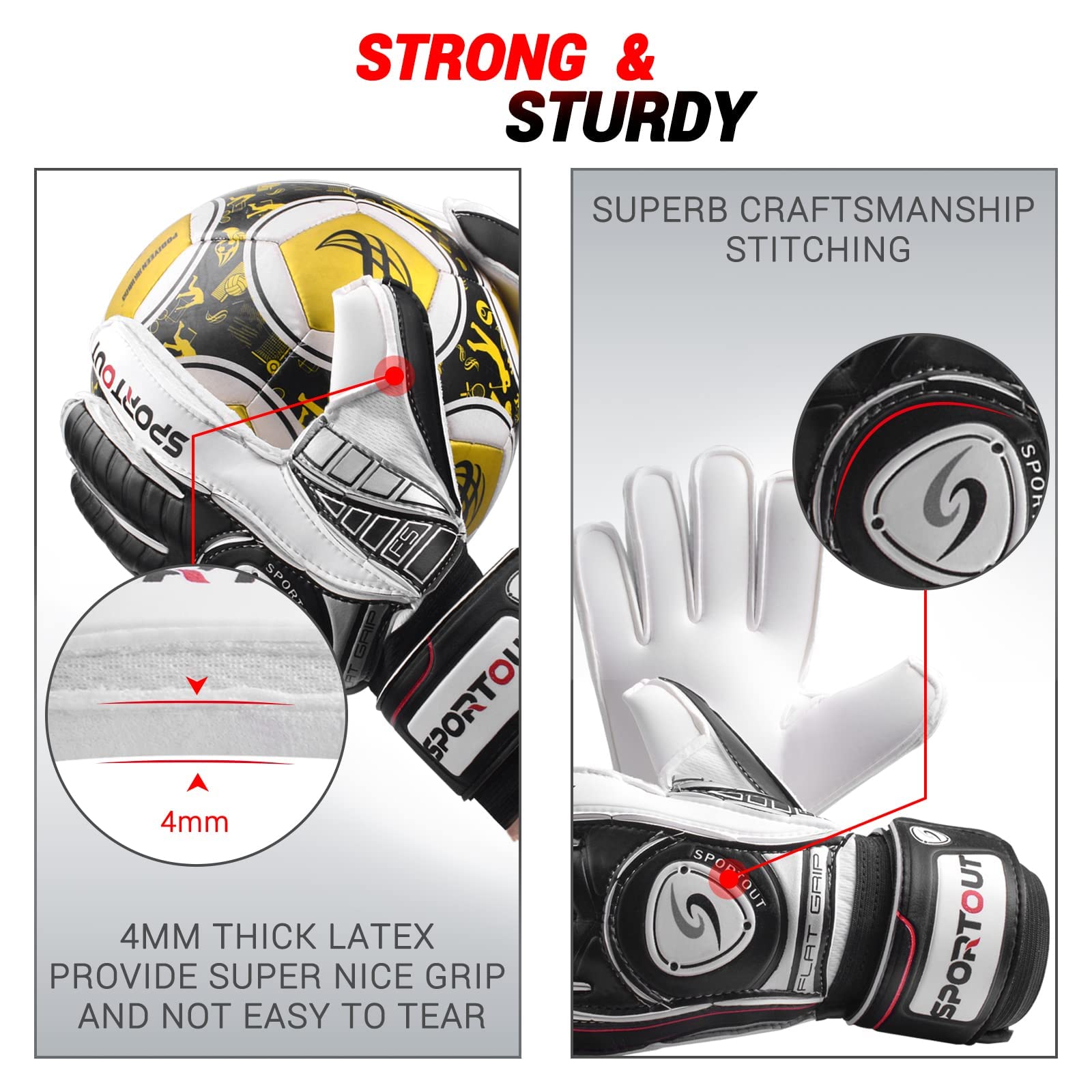 Sportout Goalkeeper Gloves with Fingersave, Breathable Soccer Goalie Gloves, 4mm Latex, for Kids, Youth and Adult