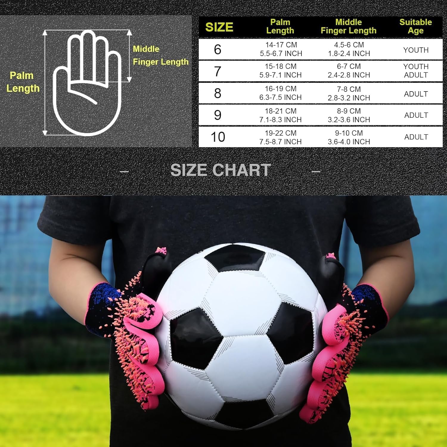 Soccer Goalkeeper Gloves, Ultimate Grip Football Goalie Gloves with Size 6/7/8/9/10, Strong Receiver, American Football for Men, Boys, Youth, Adult, Kids and Small Hands