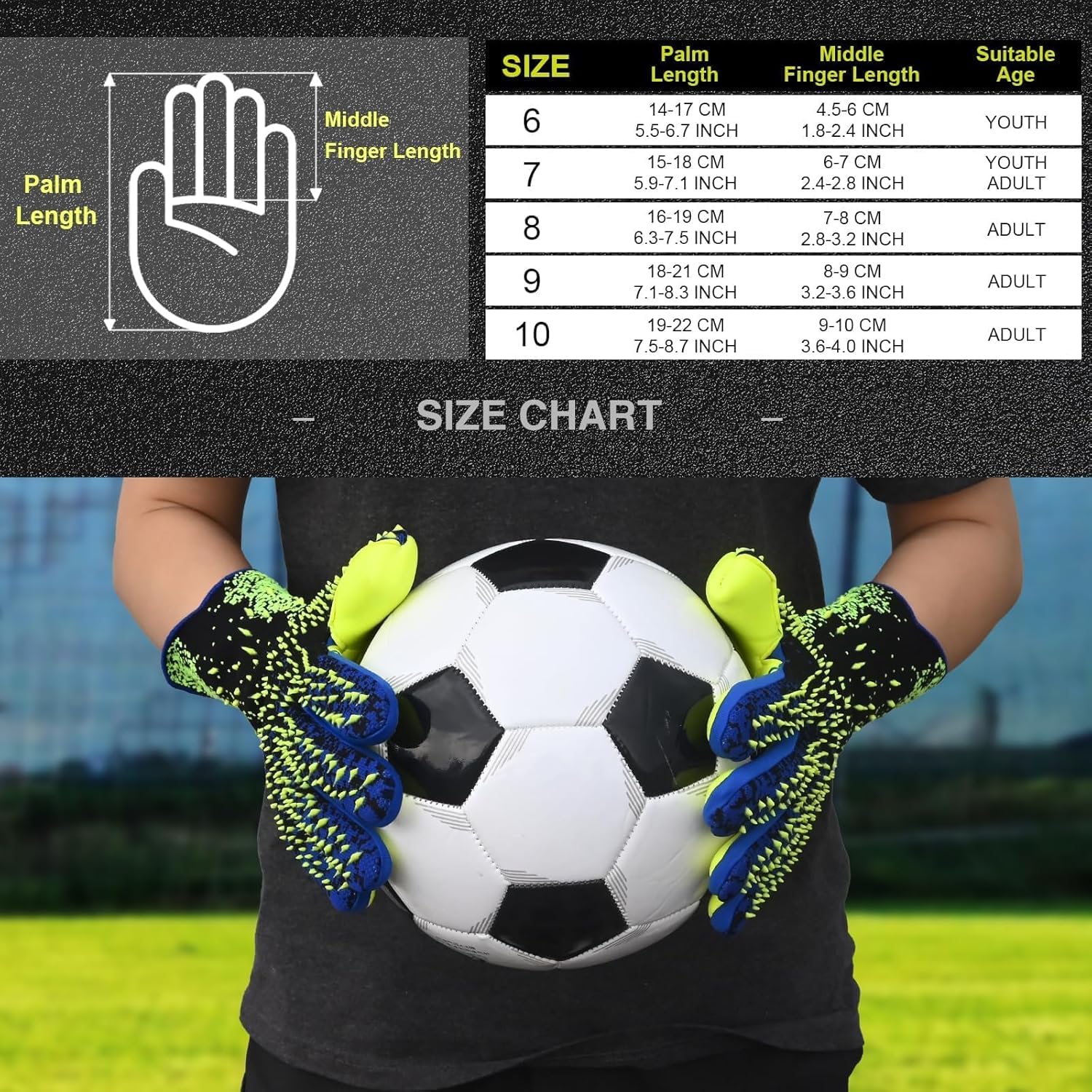 Soccer Goalkeeper Gloves, Ultimate Grip Football Goalie Gloves with Size 6/7/8/9/10, Strong Receiver, American Football for Men, Boys, Youth, Adult, Kids and Small Hands