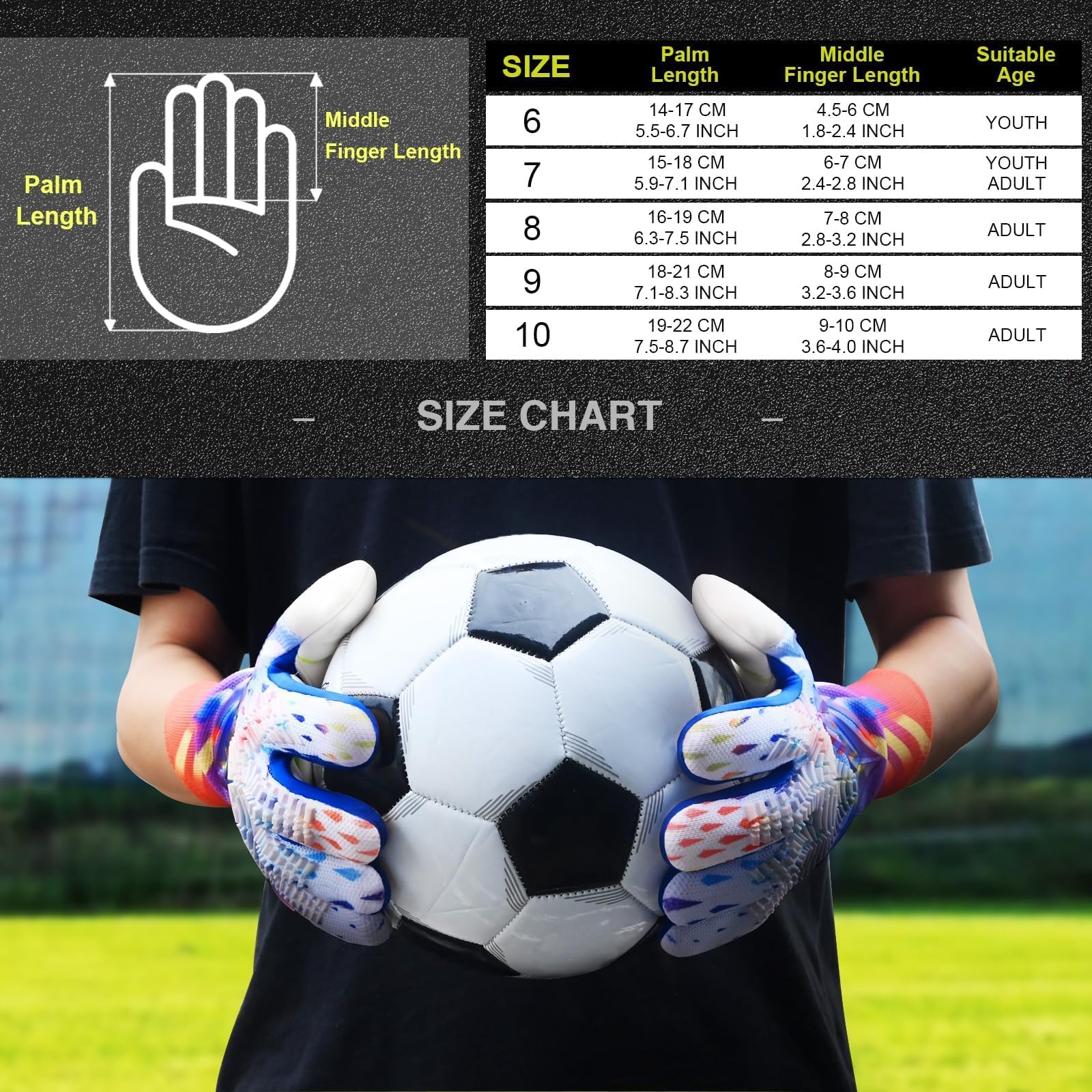 Soccer Goalkeeper Gloves, Ultimate Grip Football Goalie Gloves with Size 6/7/8/9/10, Strong Receiver, American Football for Men, Boys, Youth, Adult, Kids and Small Hands