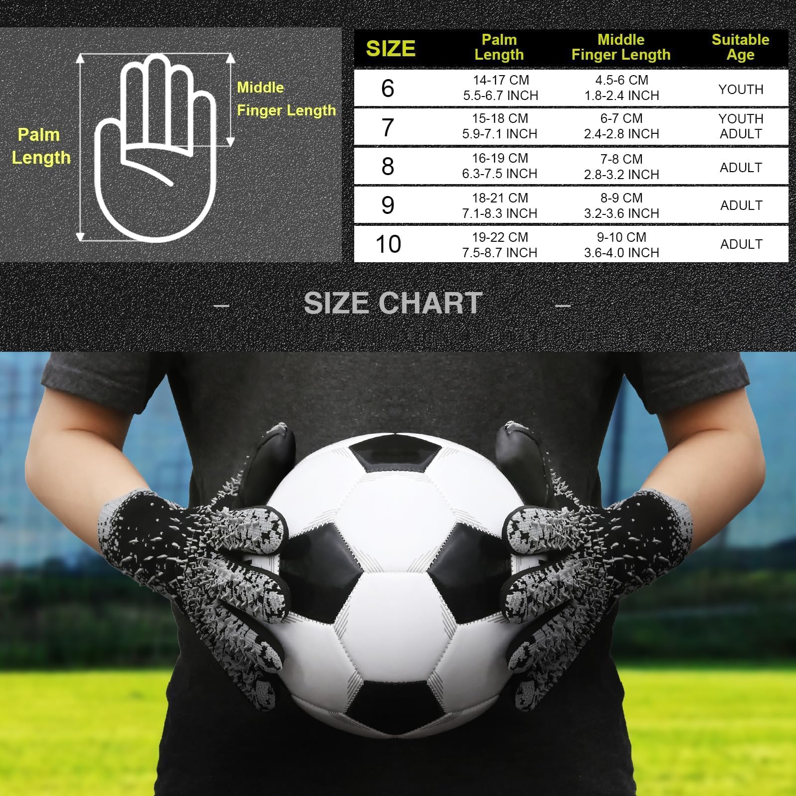 Soccer Goalkeeper Gloves, Ultimate Grip Football Goalie Gloves with Size 6/7/8/9/10, Strong Receiver, American Football for Men, Boys, Youth, Adult, Kids and Small Hands