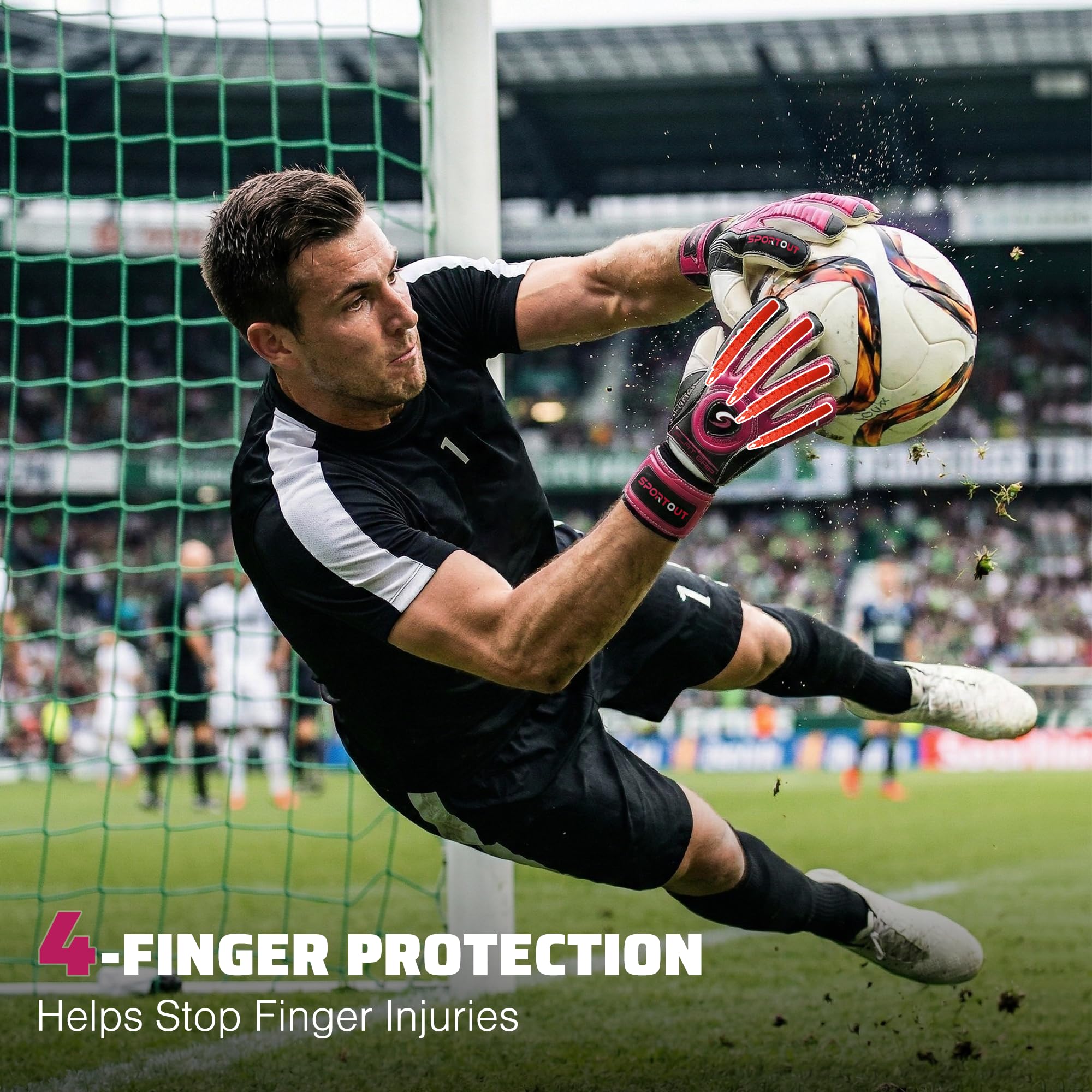 Sportout Goalkeeper Gloves with Fingersave, Breathable Soccer Goalie Gloves, 4mm Latex, for Kids, Youth and Adult