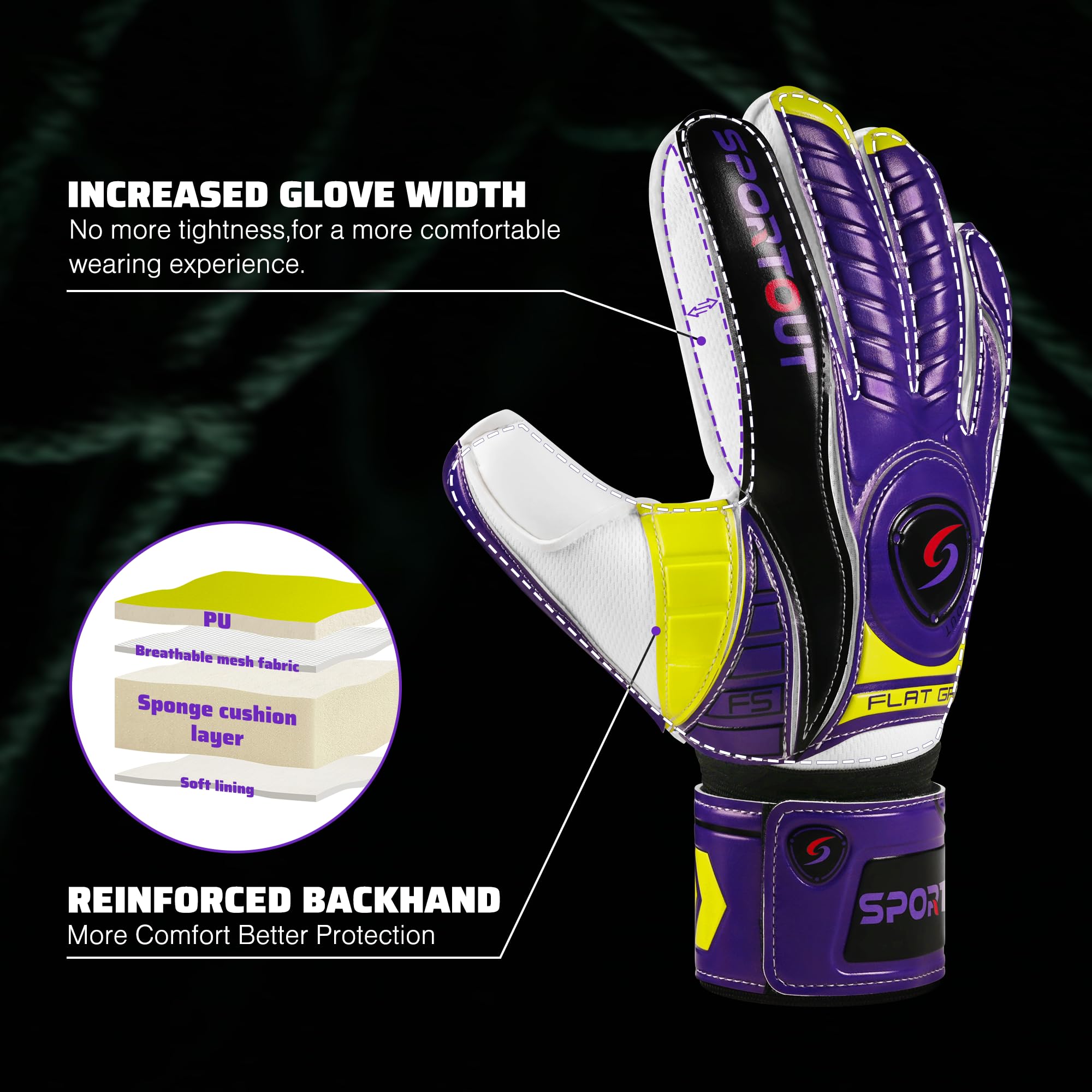 Sportout Goalkeeper Gloves with Fingersave, Breathable Soccer Goalie Gloves, 4mm Latex, for Kids, Youth and Adult