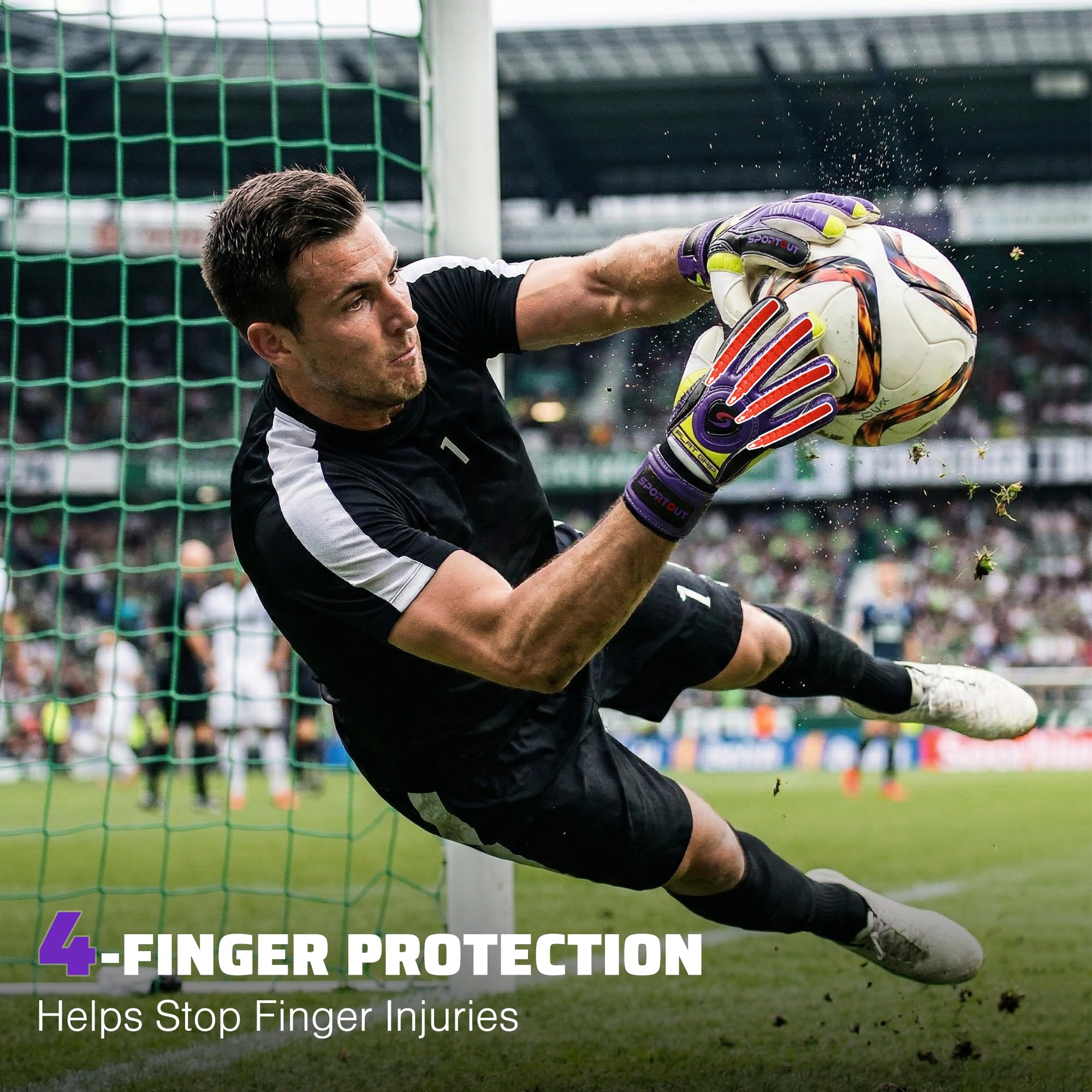 Sportout Goalkeeper Gloves with Fingersave, Breathable Soccer Goalie Gloves, 4mm Latex, for Kids, Youth and Adult