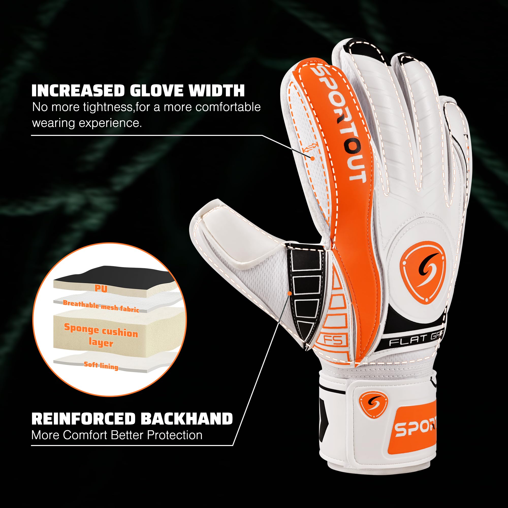 Sportout Goalkeeper Gloves with Fingersave, Breathable Soccer Goalie Gloves, 4mm Latex, for Kids, Youth and Adult