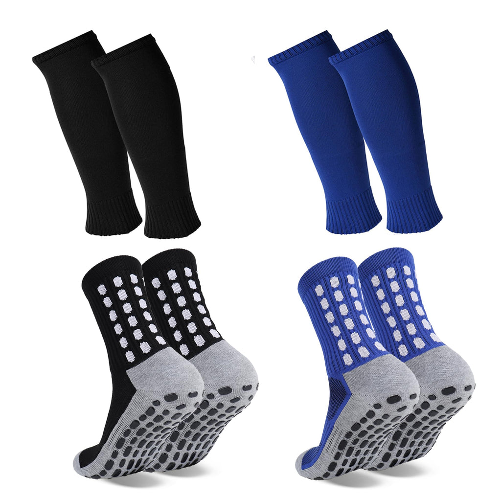 ZXOLDZX 2 Set Grip Soccer Socks with Shin Guard Sleeves Non Slip Soccer Leg Sleeve Socks for Men Women