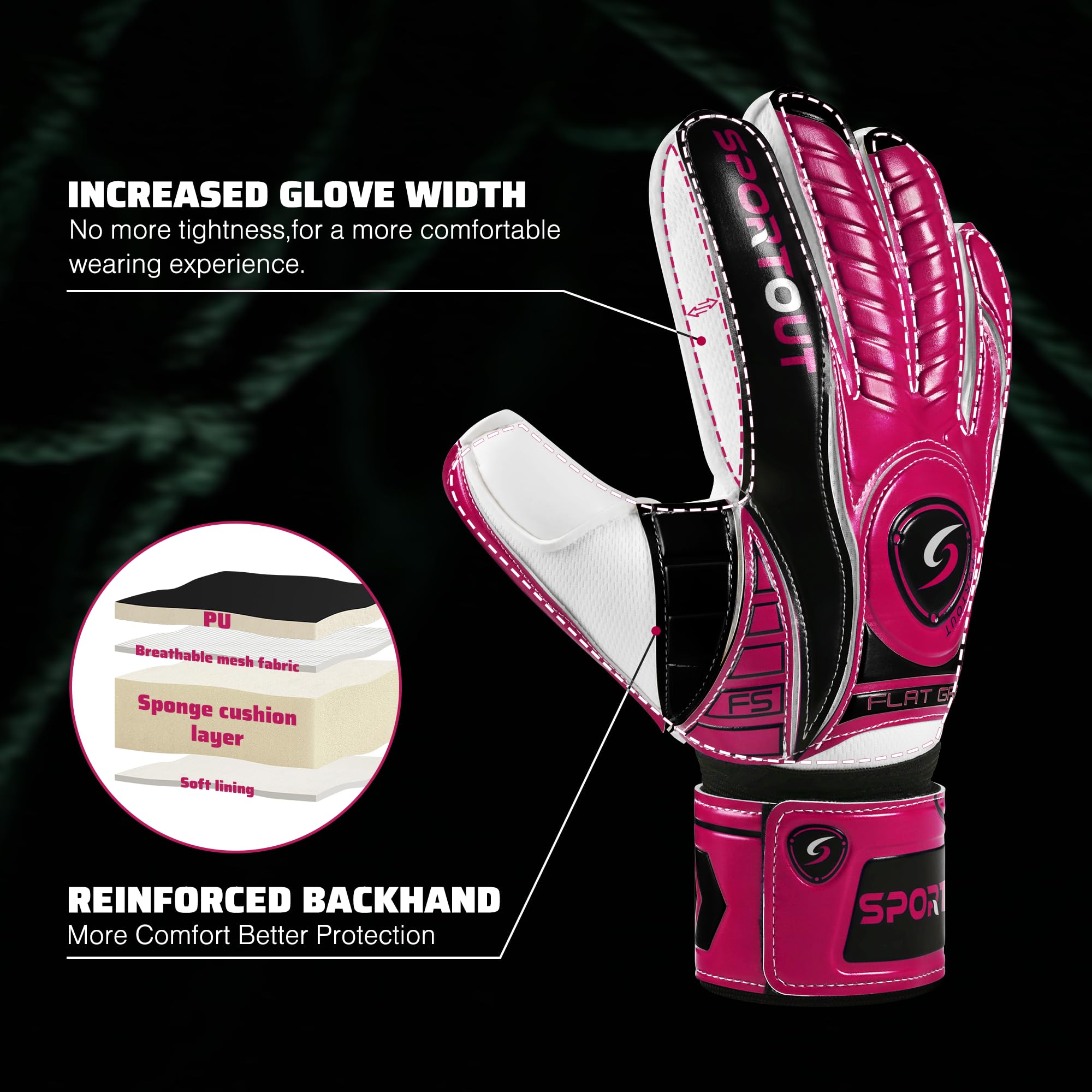 Sportout Goalkeeper Gloves with Fingersave, Breathable Soccer Goalie Gloves, 4mm Latex, for Kids, Youth and Adult