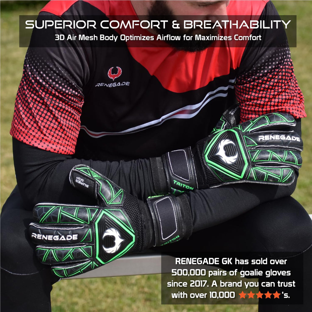 Renegade GK Triton Goalie Gloves - Adult, Youth, Kids (Sizes 5-11, 3 Styles, Level 2) Pro-Tek Fingersaves & Durable 3.5+3MM Super Grip | Goalkeeper Glove for All-Around Play | Based in The USA
