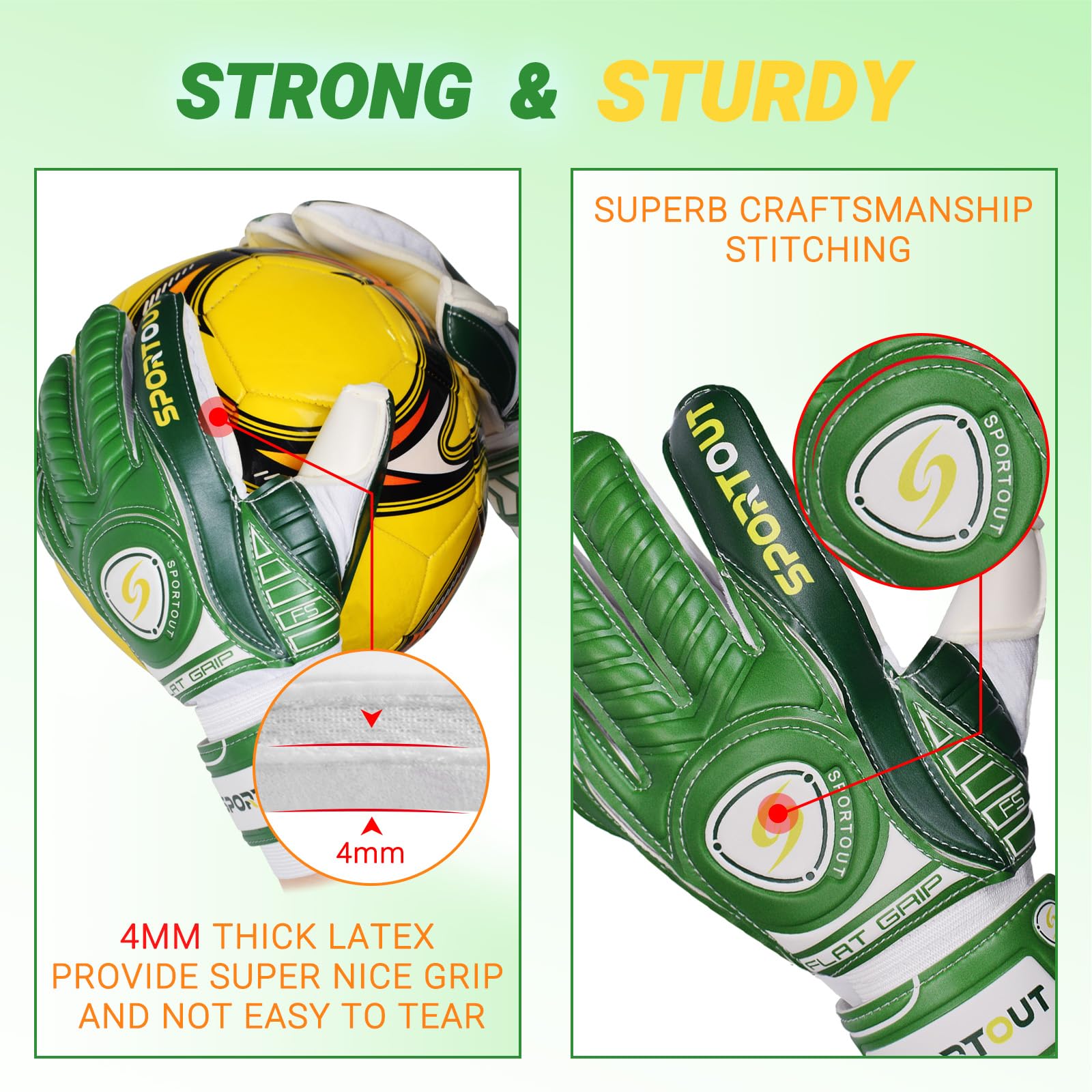 Sportout Goalkeeper Gloves with Fingersave, Breathable Soccer Goalie Gloves, 4mm Latex, for Kids, Youth and Adult